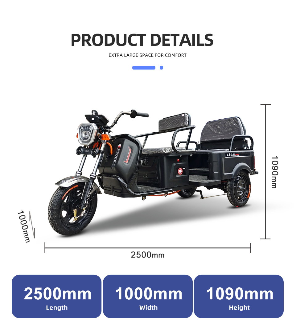 YB1095 650W 48V 60V 58Ah 38Km/H Blybatteri Elektrisk trehjuling