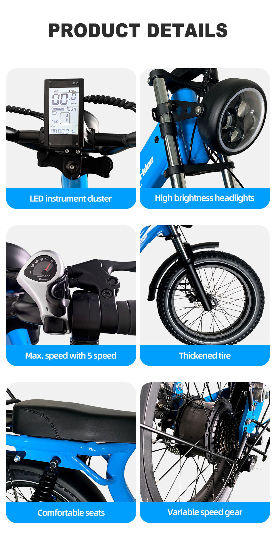 2205 350W-1000W 48V 13Ah14Ah 35kmh Lithium Battery Electric Bike Detail10