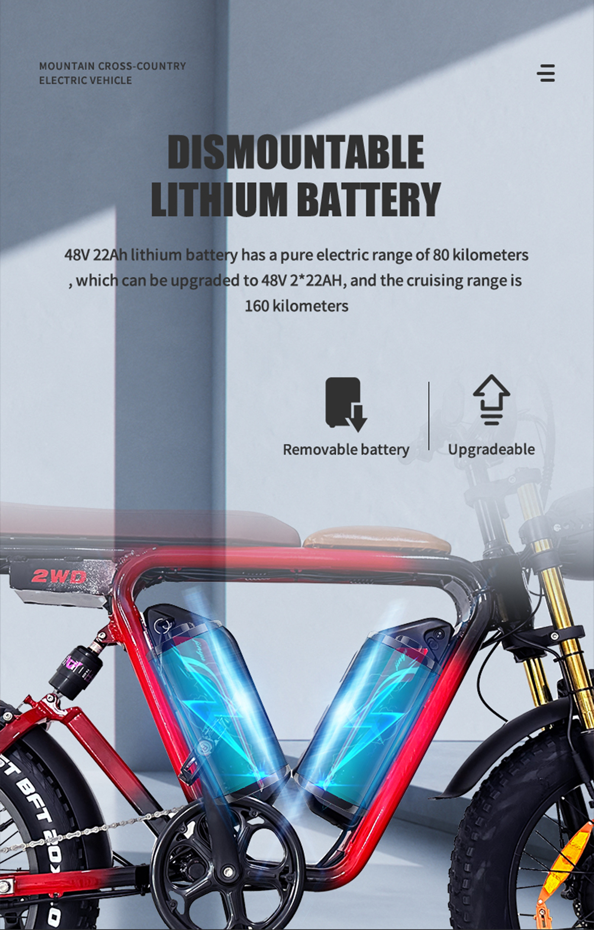 80-90 kmpure El rango de crucero eléctrico de 55 kmh con detalles de bicicleta eléctrica de 5 velocidades 2